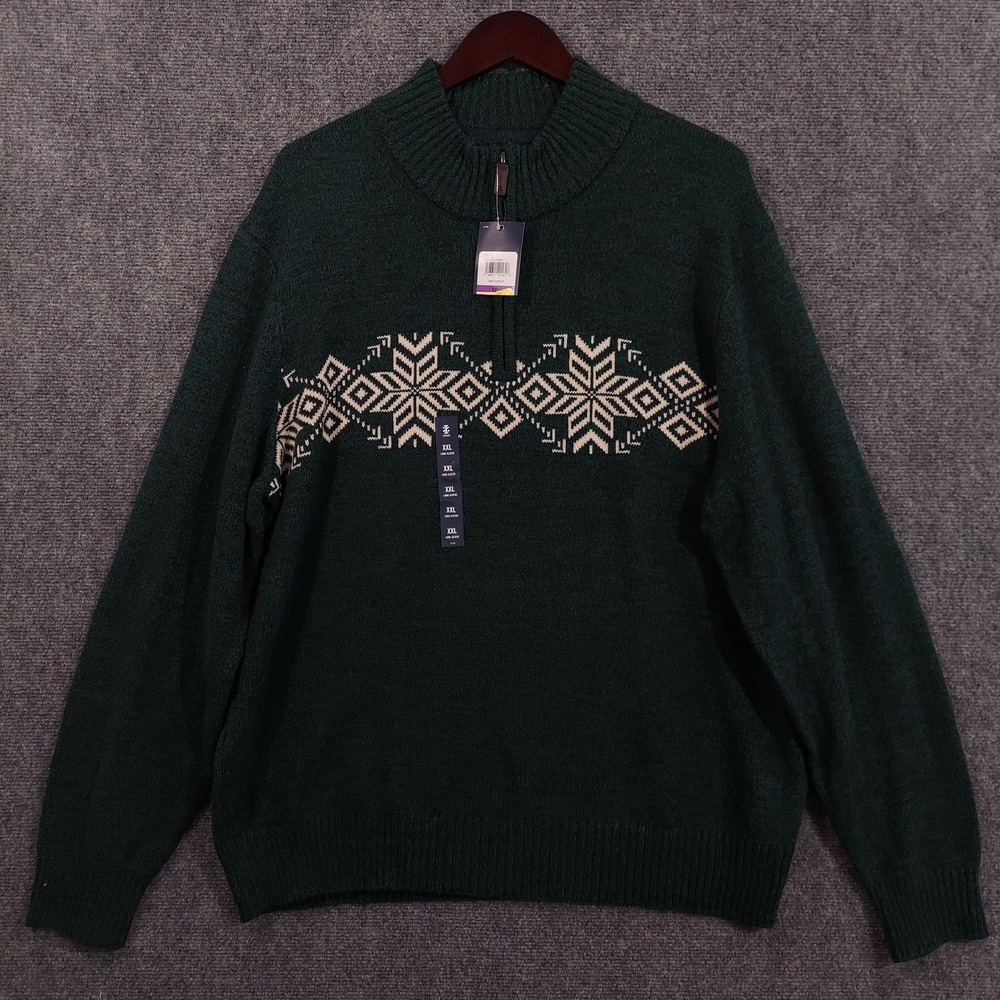 IZOD Sweater Mens 2XL Green Fair Isle Snowflake 1/4 Zip Mock Neck Pullover